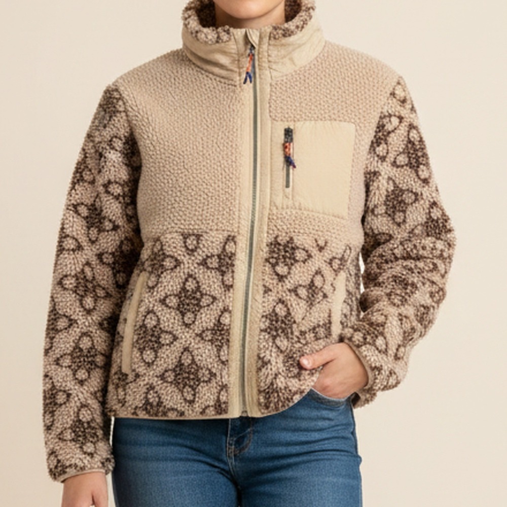 Joules Sherpa Fleece Full Zip Jacket Oatmeal Brown Geometric Print Women 8 M